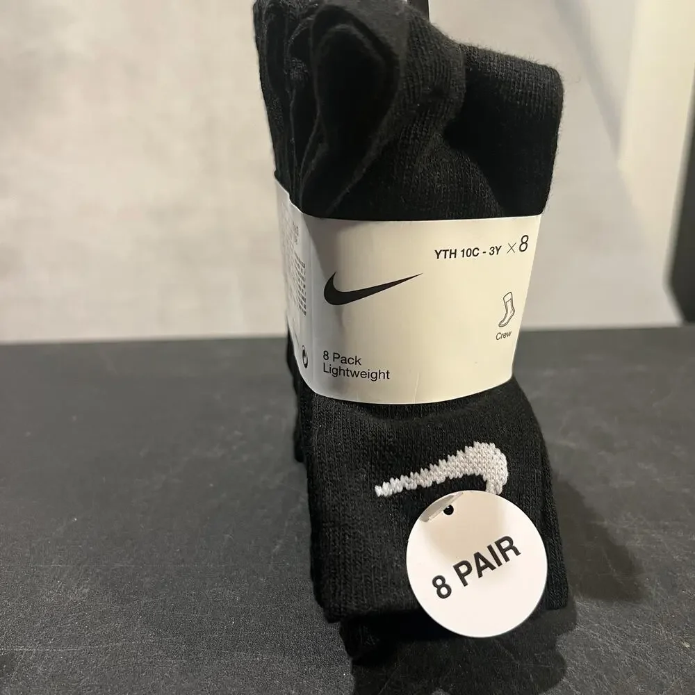 Nike Socks Youth Size 10C-3Y Black Crew 8 Pair Lightweight Swoosh Logo Pack